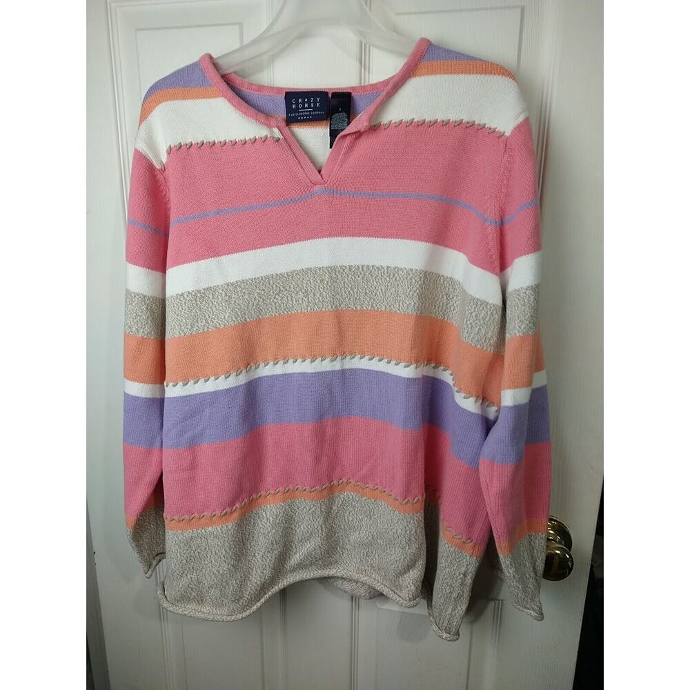Crazy Horse Women's 2 Sweater V Neck Striped Long Sleeve Pullover